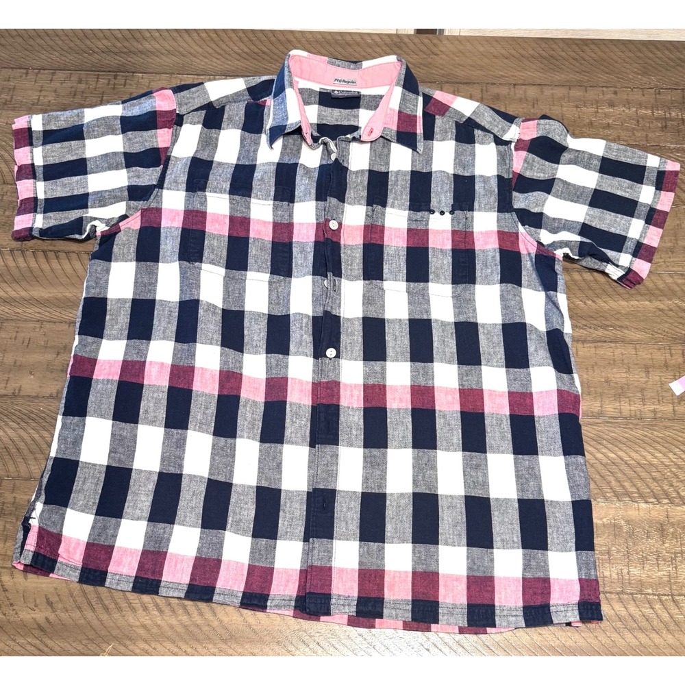Columbia PFG Mens Large Linen Cotton Plaid Short Sleeve Fishing Shirt Navy Pink